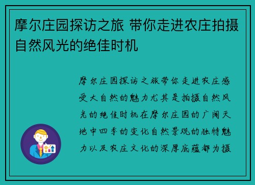 摩尔庄园探访之旅 带你走进农庄拍摄自然风光的绝佳时机